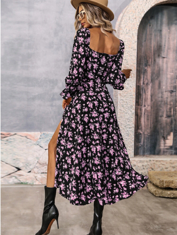 Flowers Printing Long Sleeve Dress Fashion Square-neck Bottom Slit Dresses Womens  Clothing