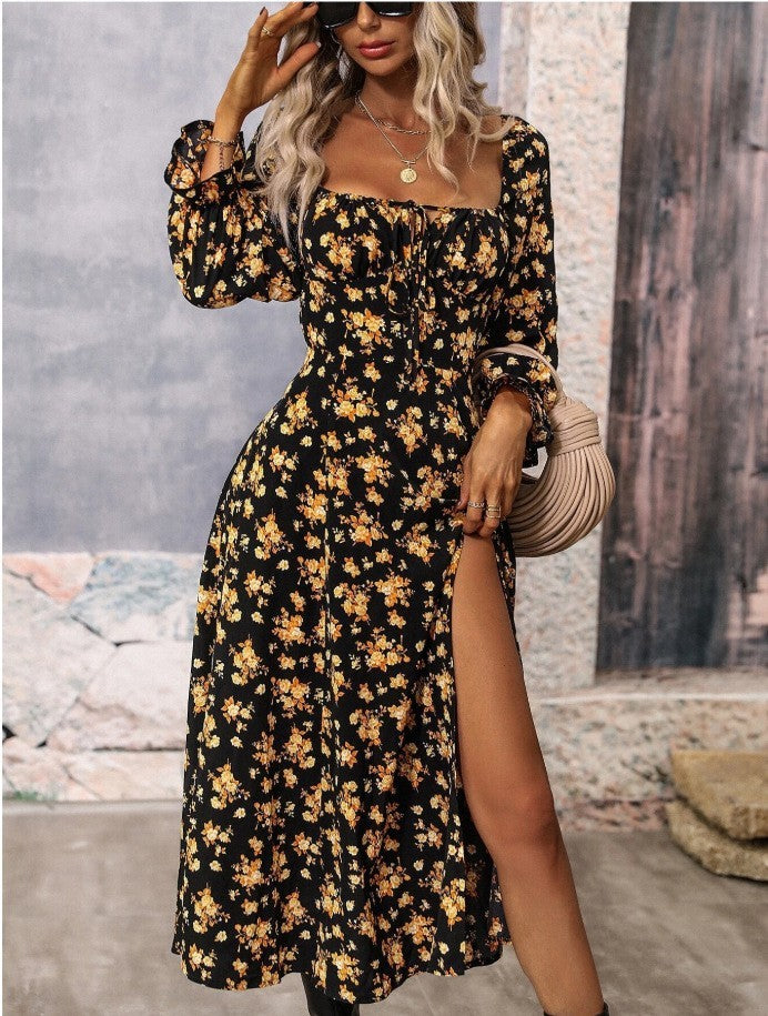 Flowers Printing Long Sleeve Dress Fashion Square-neck Bottom Slit Dresses Womens  Clothing