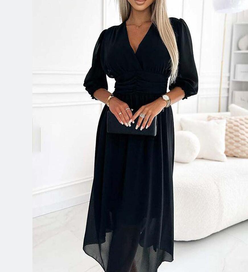 V-neck Waist-tight Long Sleeve Dress Fashion Slimming Skirt Solid Chiffon Dresses For Womens Clothing