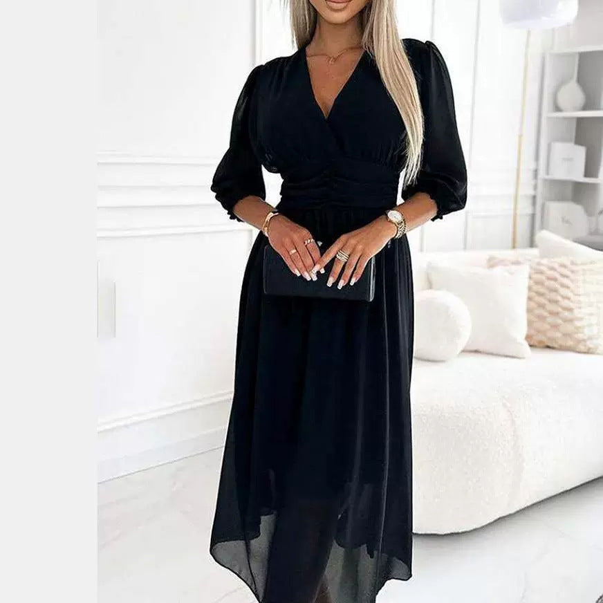 V-neck Waist-tight Long Sleeve Dress Fashion Slimming Skirt Solid Chiffon Dresses For Womens Clothing