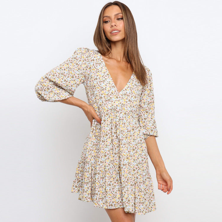 Printed V-neck Lantern Sleeve Pleated Dress Women's Clothing